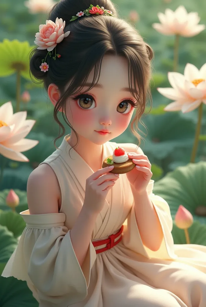  a cute  sitting in a white lotus pond, eating Wagashi food, beautiful detailed eyes, beautiful detailed lips, extremely detailed face, long eyelashes, porcelain skin, serene expression, natural lighting, vibrant colors, (best quality,4k,8k,highres,masterp...