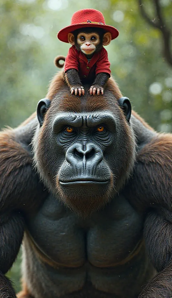 The tiny monkey wears a round red hat and wears a red vest rising over the shoulders of a large gorilla