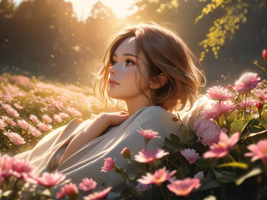 masterpiece, best quality, very detailed, a girl with black shaggy bob hair ,  standing in a field of flowers ,  Wearing、the soft light of the setting sun shines on her face. A soft breeze blows.