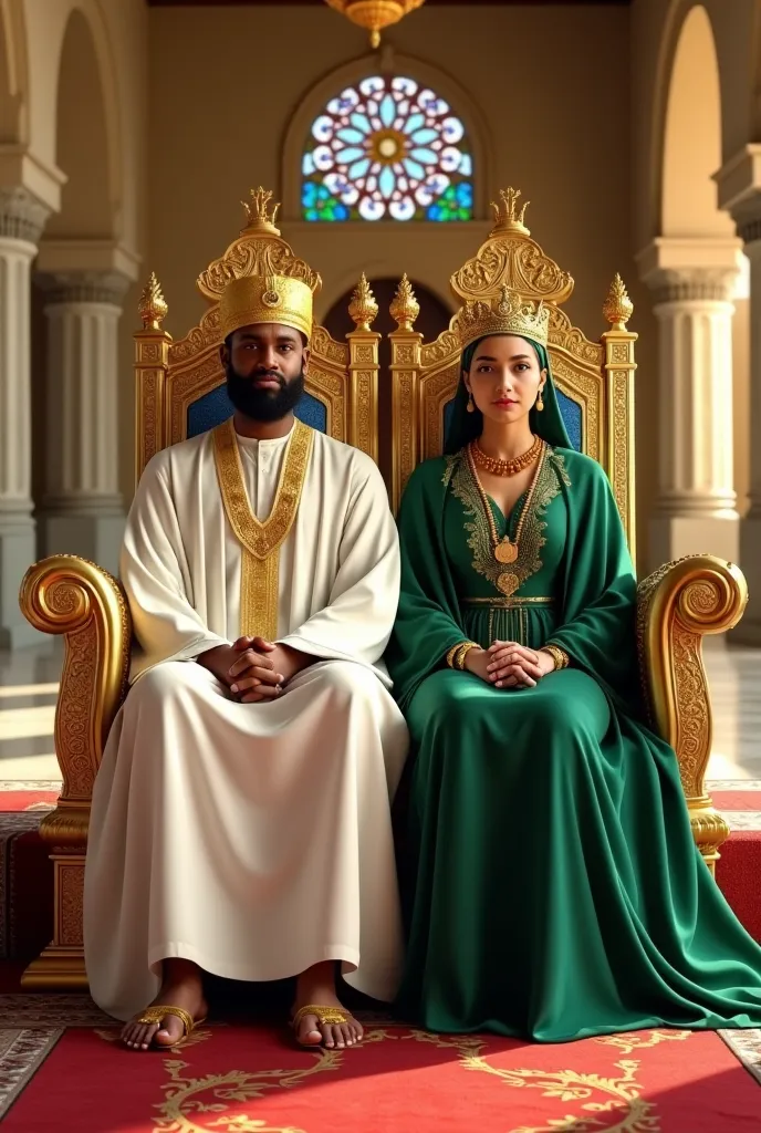 A regal scene depicting a 24-year-old Somali Sultan and his queen seated side by side on ornate, intricately carved golden thrones. The Sultan wears a traditional white *macawiis* (sarong) with gold embroidery, a golden *koofiyad* (cap) adorned with a *gee...