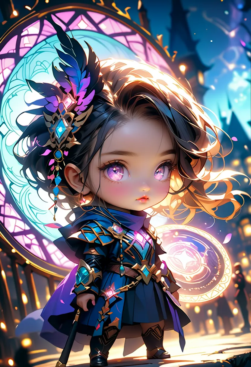  Magical dreamland, , ((((A Glowing Portal )))),1 girl, hair ornament, magic wand , Shining Magic Circle, grimoire, cinematic composition looking down at night from the top of the, colorful lights and petals , converted characters, chibi character style, a...