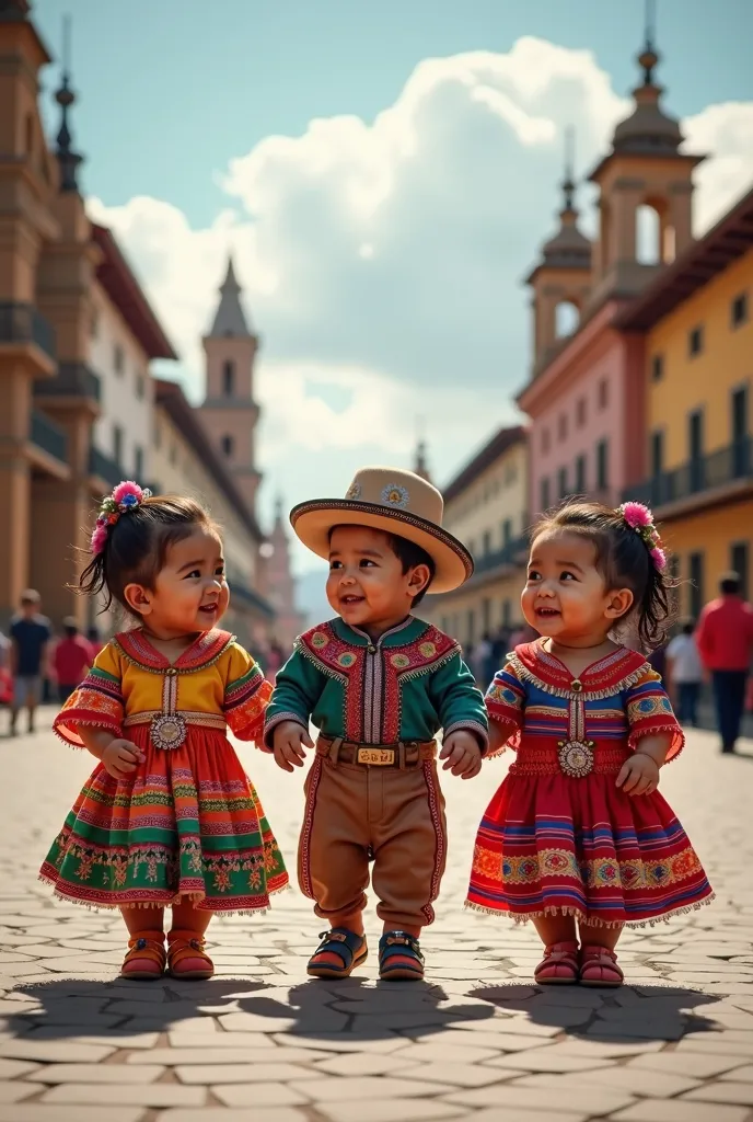 I want two babies in Tarabuqueño costume and another baby Chola Chuquesaqueña to walk in Plaza 25 de Mayo in Sucre Bolivia, two babies in Tarabuqueño costume and another baby Chola Chuquesaqueña 