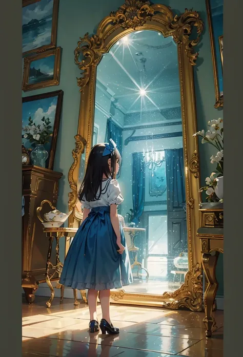 Alice in High Quality Mirrors、Big Shining Mirror、 is dazzling光、 is dazzling鏡面、Girl Putting Her Arm Into the Mirror、one girl、Blue clothesの少女、Ripples on the Mirror Surface、 is dazzling、Unbelievable、surreal、Blue clothes、 Gold、Girl&#39;s back view、4K,8k,Hi-Res...