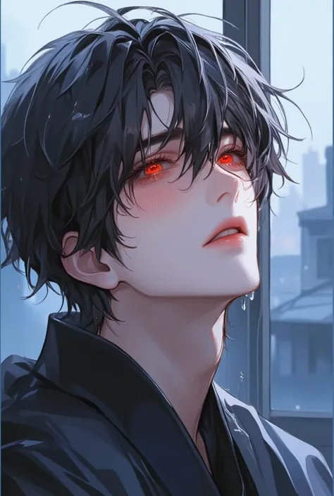 bad，  black hair카락， Apocalypse，   toast，   Korean Comic Style   ，  depressing， young, good condition ，  very handsome  脸瓜子脸， wet hairstyle   ， Japanese male, black hair, Attractive red eyes   ，   very handsome  ,   Enquiry,  with raised eyes , blush, Slend...