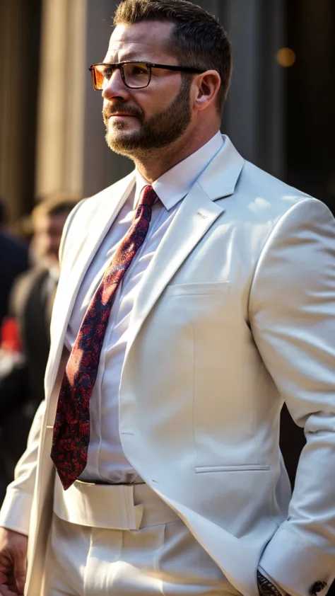 An award-winning original photo，A wild muscular man, (40 years old daddy:1.1), 1boy, Solo, (black suit), (white dress shirt), (red print necktie), black trouser, (big shoulders), musculature, stubbles, Short beard, (Detailed body), wearing glasses, slight ...