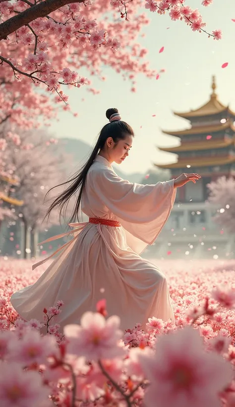 Ancient Chinese style scene with sacred temple, shimmering golden light. Main character dressed in traditional costume, keen eyes . martial arts in the peach field