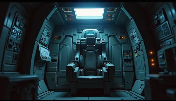 Gundam cabin with lights off, with main view of the seat 