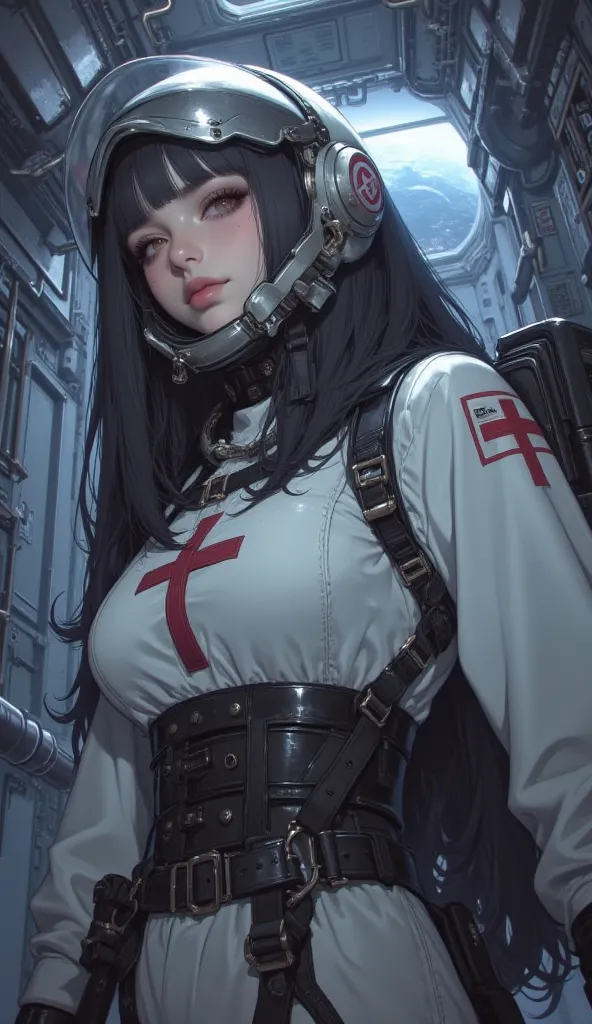 tanishi, Woman, (astronaut suit), saggy breasts , in space,(details),(masterpiece), full body, Full astronaut fantasy, floating  in space, plague on human beings, magic, ( Astronaut helmet ), face covered