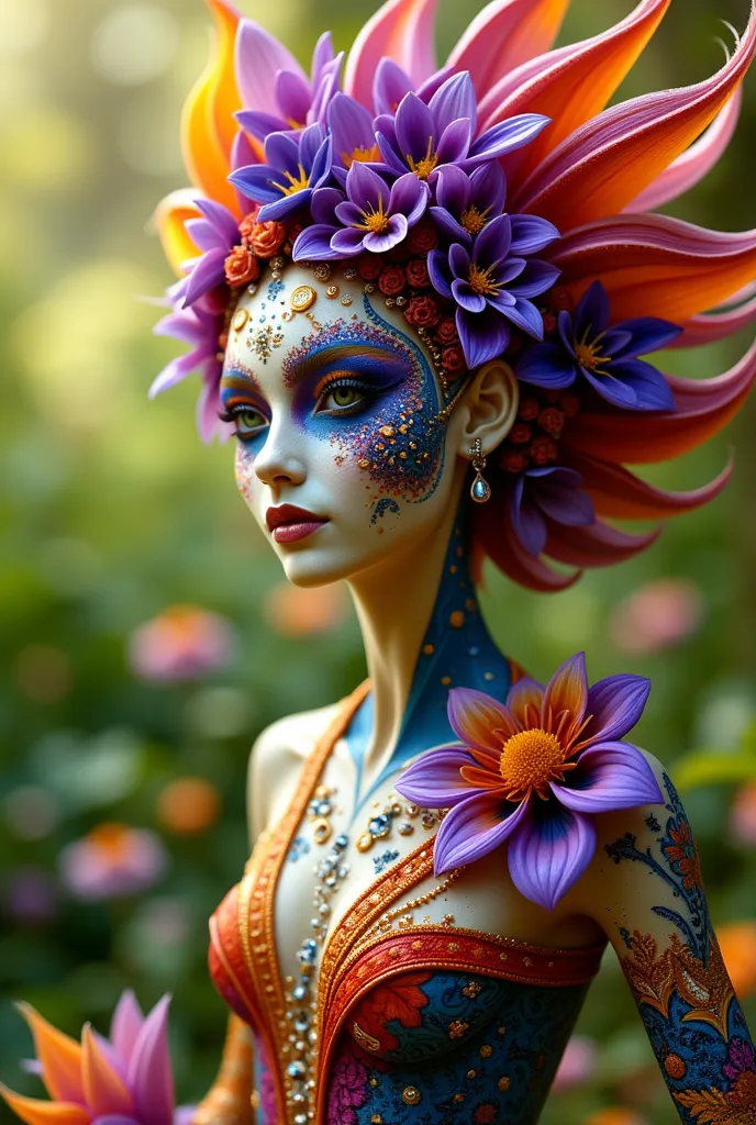 CLOSE UP, A vibrant, intricate A face of  figure adorned with colorful floral motifs swirls gracefully in a lush garden setting, each petal painted in shades of purple and orange, catching the sunlight. The figure's body is decorated with ornate patterns a...