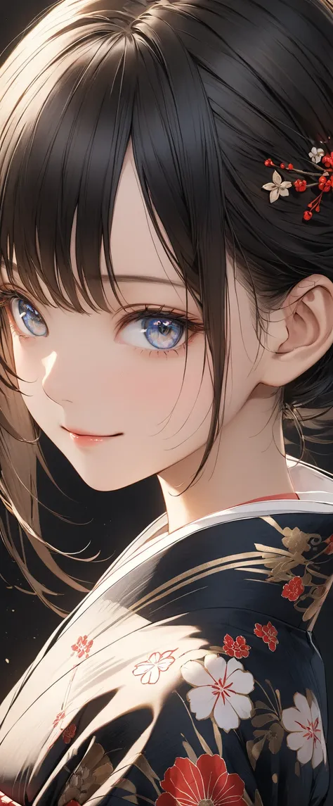 a Beautiful charming young anime girl, dynamic full body photo ,  close-up of girl with black hair wearing and wind yukata(  perfect anatomy )  Face Side Close-up .  Detailed Face .  realistic eyes .  Face and Eyes Very Fine ,  thin skin , thin skin  textu...