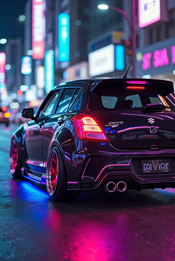 "Cyberpunk Suzuki Swift，Fused Black Body Strap Neon Blue Purple Embellishment，Low-Rise，LED Taillight，Future-Feel Wide Set，Transparent Luminous Tail Wings，18" Chrome Wheel Band Neon，Anti-Utopian City Background， High detail，Movie Sensing Light"Please show t...