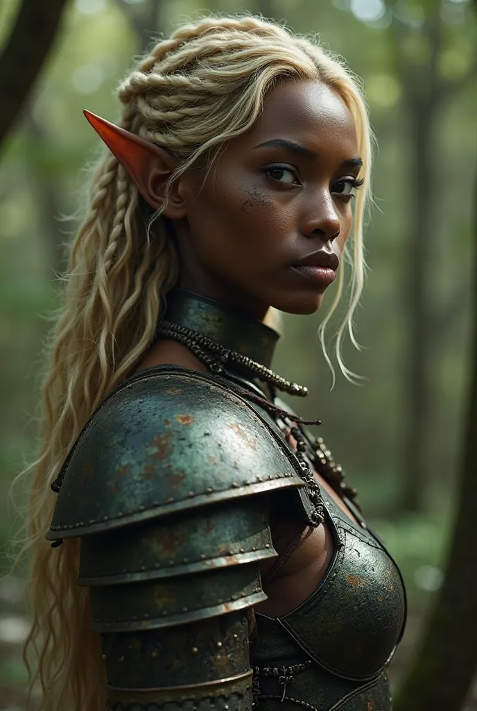 Close-up, African woman, pointed elf ears, dark skin, blonde hair, closed mouth, ancient forest elven armor, combat pose, dynamic pose, complex fantasy character, NSFW, cinematic lighting, fantasy, magic, detailed background, in a dense and ancient forest,...