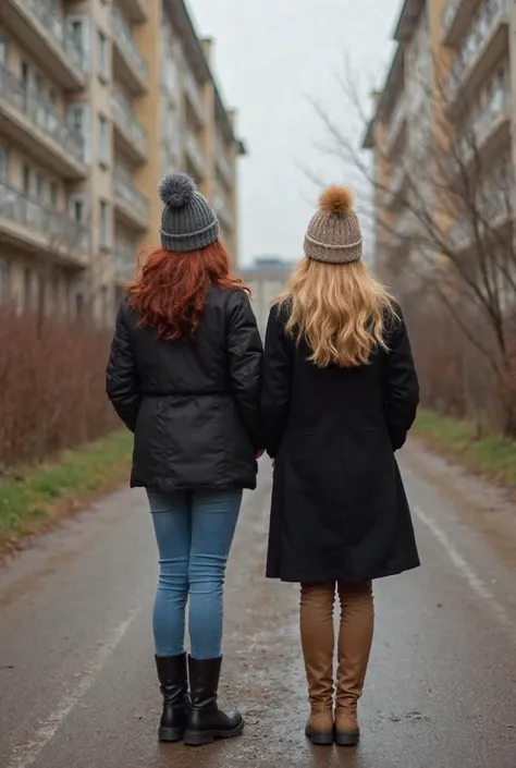 Две девочки КУРЯТ сигарету возле подъезда multi-storey buildings. They stand with their backs, looking forward, so you can't see the face. Against the background of garages and wood. One girl is tall with medium red hair in a black waist-high jacket, blue ...