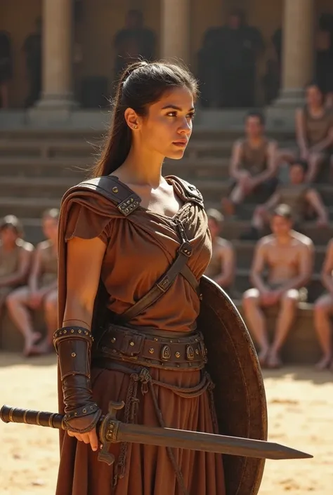  A Caucasian woman, brunette with straight hair tied back with a ponytail and brown eyes. Wear a brown Roman robe without a cape and with leather gauntlets. He wears a Gladius sword and a shield. She is inside the gladiator arena and in the background you ...