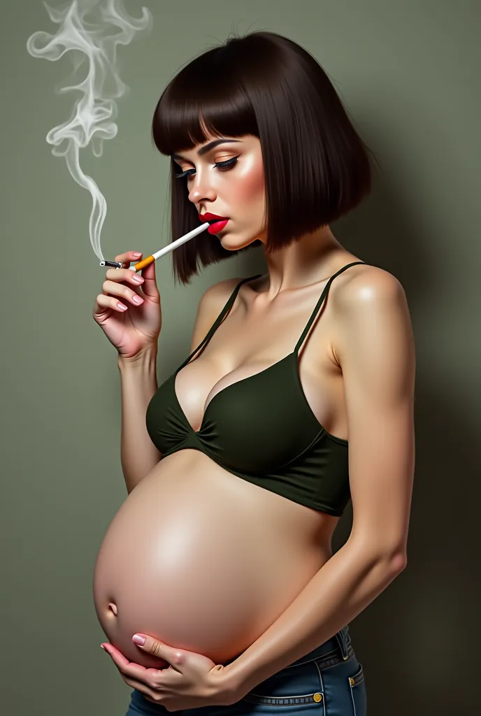 make my teacher gordana with a bob cut and brown eyes with red lipstick pregnant while smoking weed