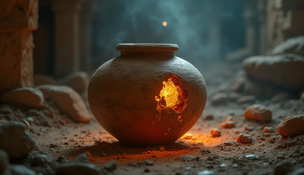 Ancient dusty clay jar with copper and iron rod inside, mysterious glow in the background, archaeological setting
