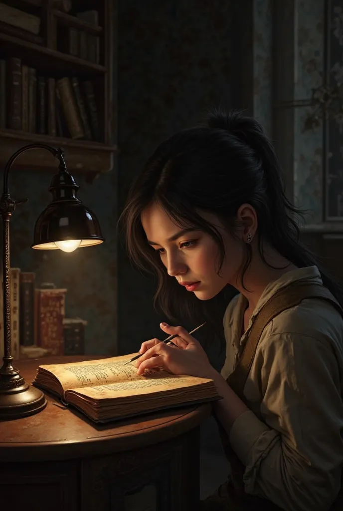 Realistic image of a girl with black hair studying with an old notebook in a dark room