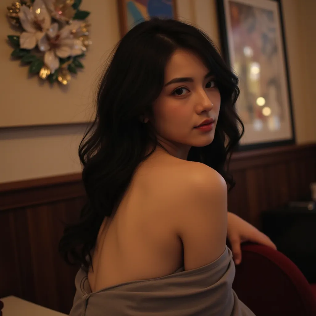 amateur shot, a pov of taking an candid a woman  ,facing backwards no eye contact with camera, againts a  decoration wall in cafe, no blurry, hd quality, she has long black hair with medium curl a butterfly haircut, weariny dress off shoulder, natural face...