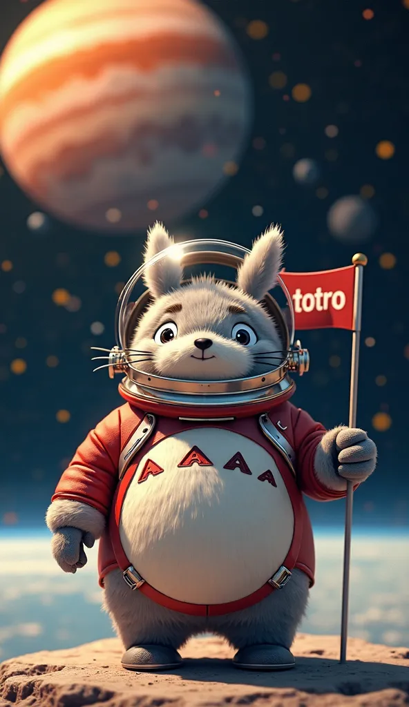 3D fur Totoro With astronaut Costume at the Jupiter at night  light at the Jupiter  solar handle Totoro flag with alots of star lighting space at night Red and yellow Wallpaper 3D in March season 