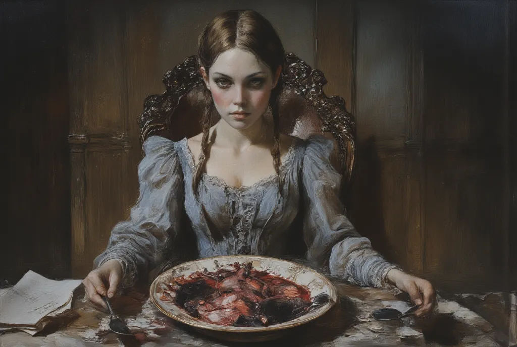 A haunting oil painting depicts a young girl seated behind a dimly lit, ornate dinner table in a posh, yet eerie dining room. Her Victorian-era dress and side braids are juxtaposed with the gruesome plate before her, filled with blood and a human heart. Th...