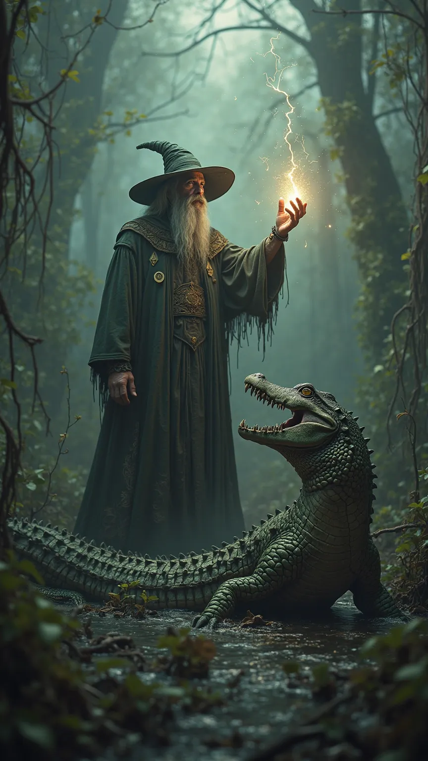 The witch pointing her finger toward the crocodile, ready to cast a spell.