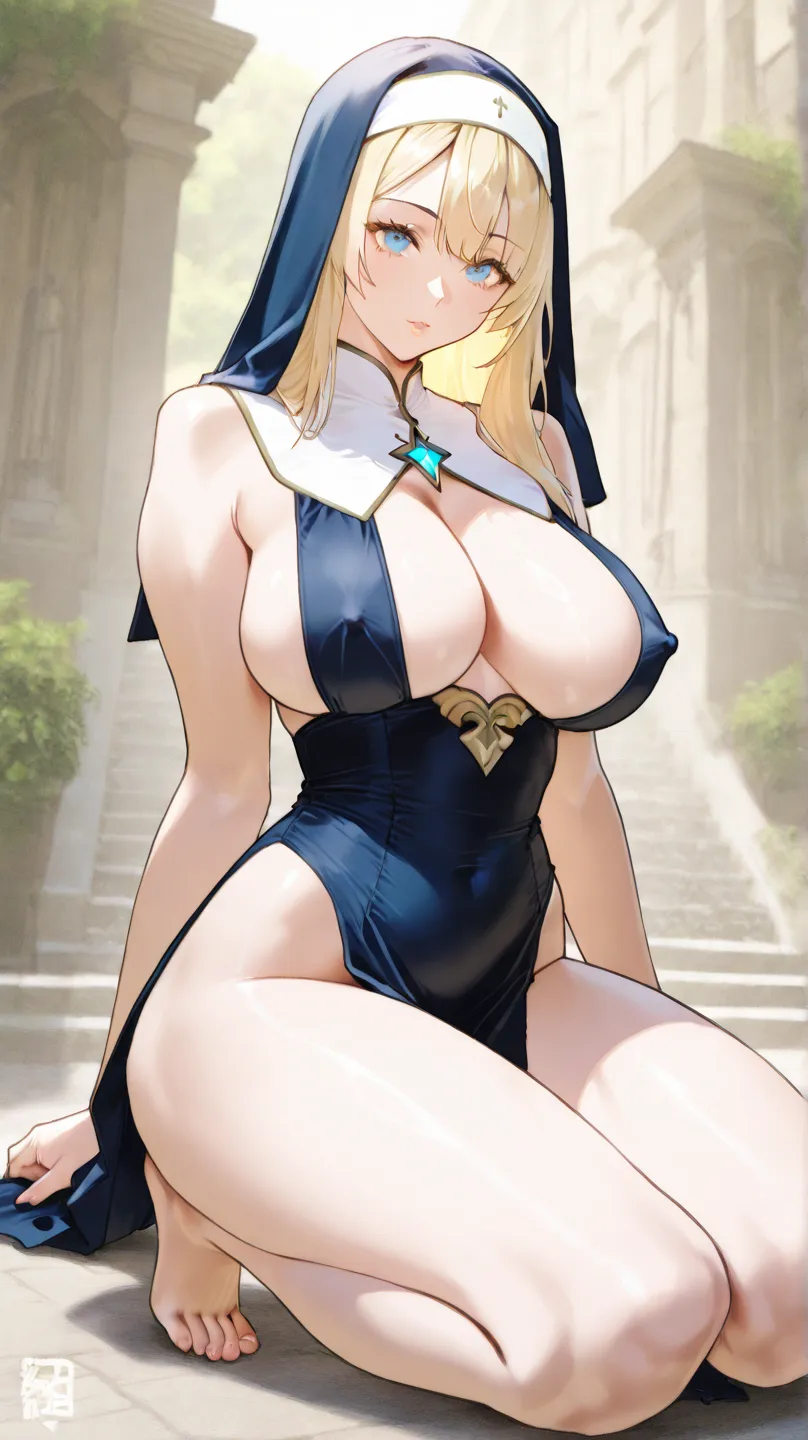 US ,32K、Best Masterpiece、 Top Quality、Original Works、Detailed view、 detailed eyes 、detailed face、 Detailed Lips 、 alone、beauty、big boobs、sacred building background 、warm sunlight shining in the background、Large Dark-Colored Areolas、 high leg、thighs、Side vi...