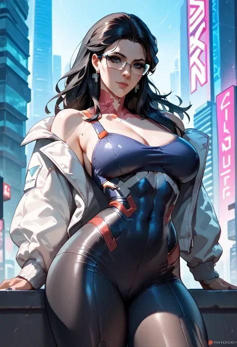 (masterpiece, best quality), 1girls, black hair, glasses, cyberpunk, solo, waist-high, sexy appearance