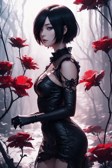 Kirishima Touka , Tokyo ghoul  > "Hyper-realistic gothic girl, short black hair covering one eye, deep blue eye, perfect skin , wearing a detailed red and black corset dress with lace and ribbon details, dark fantasy atmosphere, cinematic lighting, ultra H...