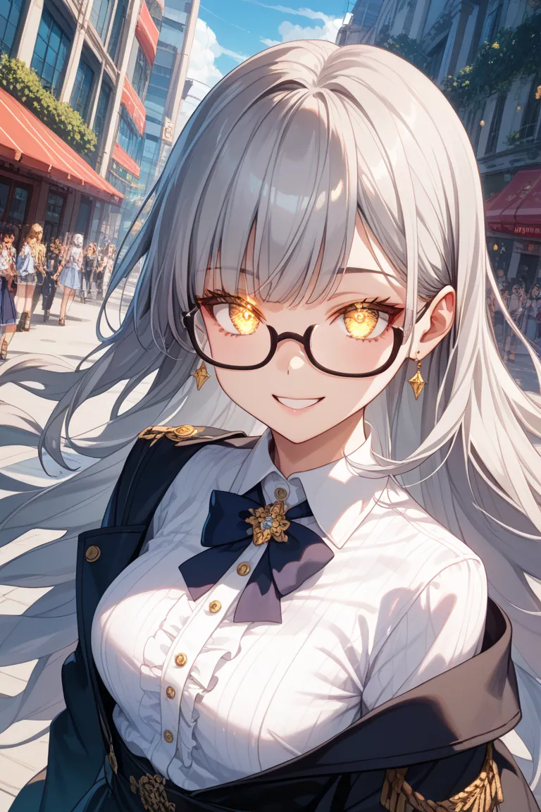 Glasses、glasses、glowing eyes、long hair, gray hair, masterpiece, top quality, very beautiful, absurd, with bangs, glasses, yellow eyes,yellow eyes, Glasses、anime style,  super detailed illustration , highly  Details, Dynamic Angle, beautiful  Details, 8k, I...