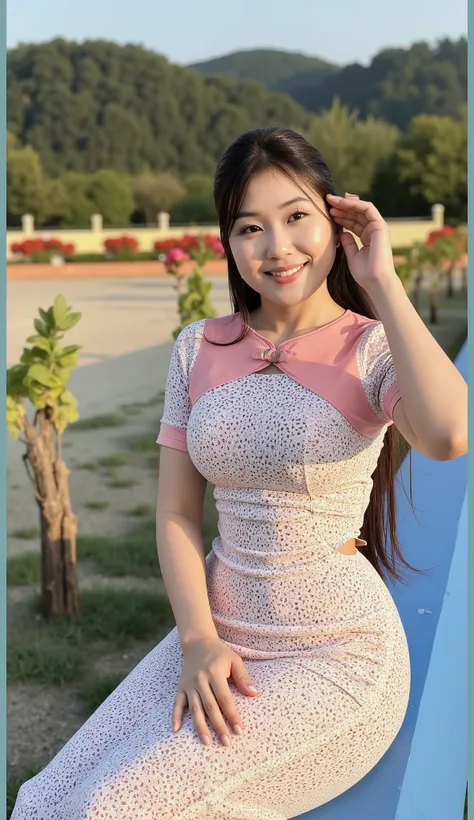 A photorealistic portrait of a stunning 35 years old gorgeous MILF with hourglass body, standing gracefully in a lush garden pathway during daytime. She radiates elegance and confidence, her serene expression complemented by a downward gaze and soft smile....