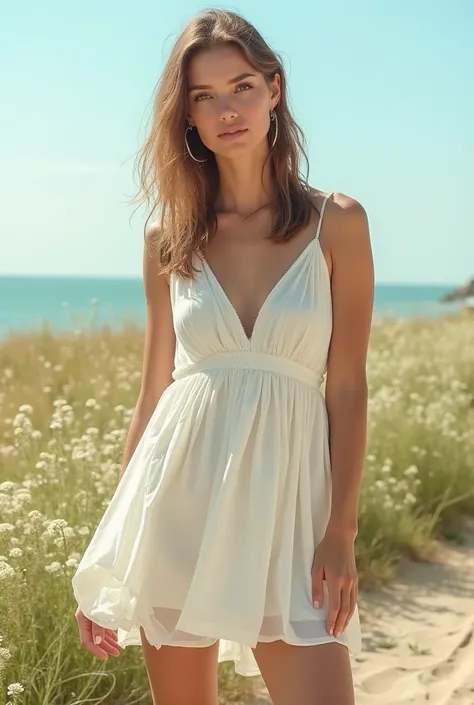 "Create a female model wearing a light summer dress, without a pattern. The dress should have a unique design, exploring fluid cuts, light fabrics and details that convey freshness and elegance. The color palette should include soft and natural tones, such...