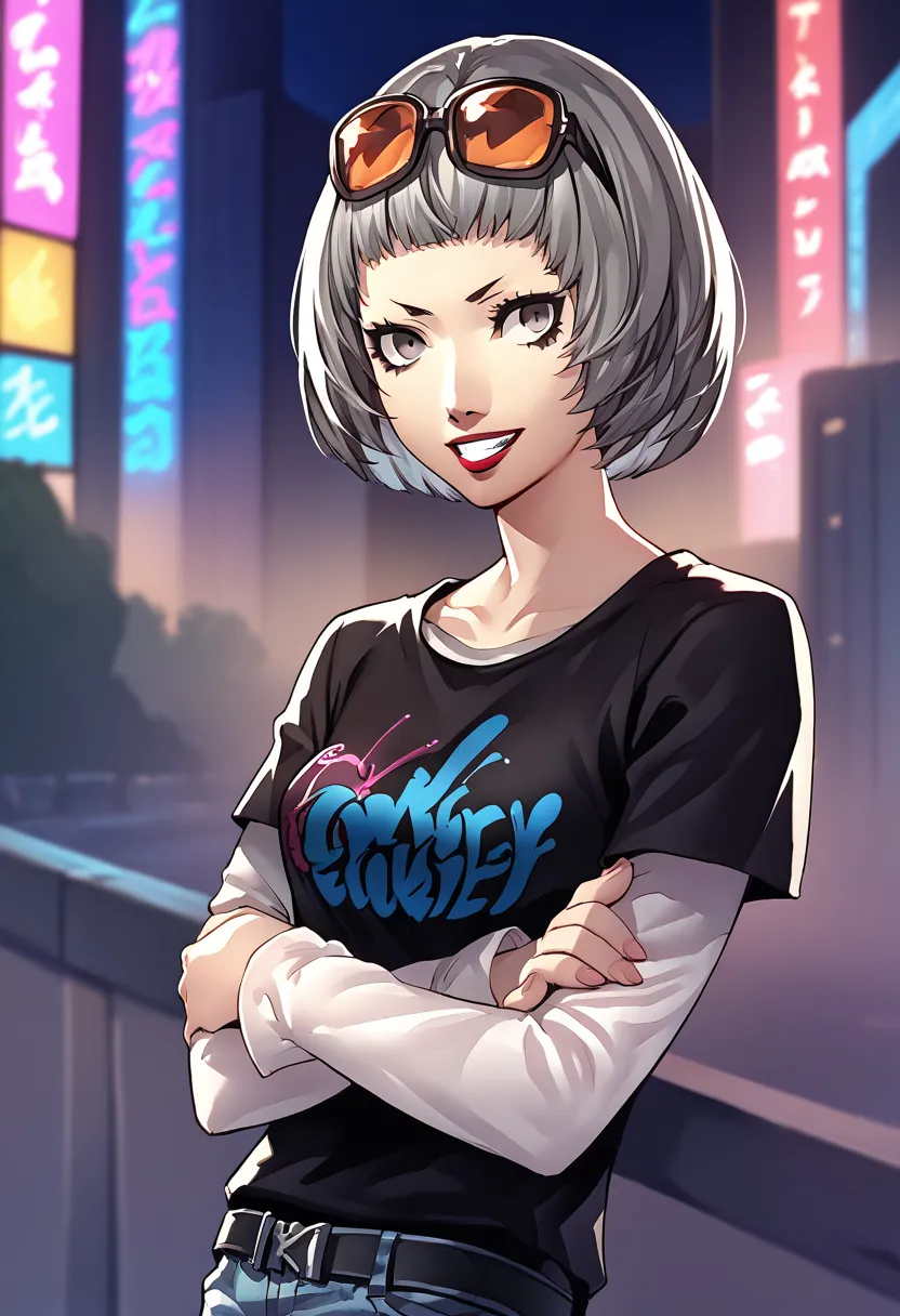 score_9, score_8_up, score_7_up, source_anime, 1girl, cowboy shot, looking at viewer, crossed arms, grin, saeP5, short hair, bob cut, grey hair, grey eyes, sunglasses on head, lipstick, black t-shirt, clothes writing, layered sleeves, medium breasts, jeans...