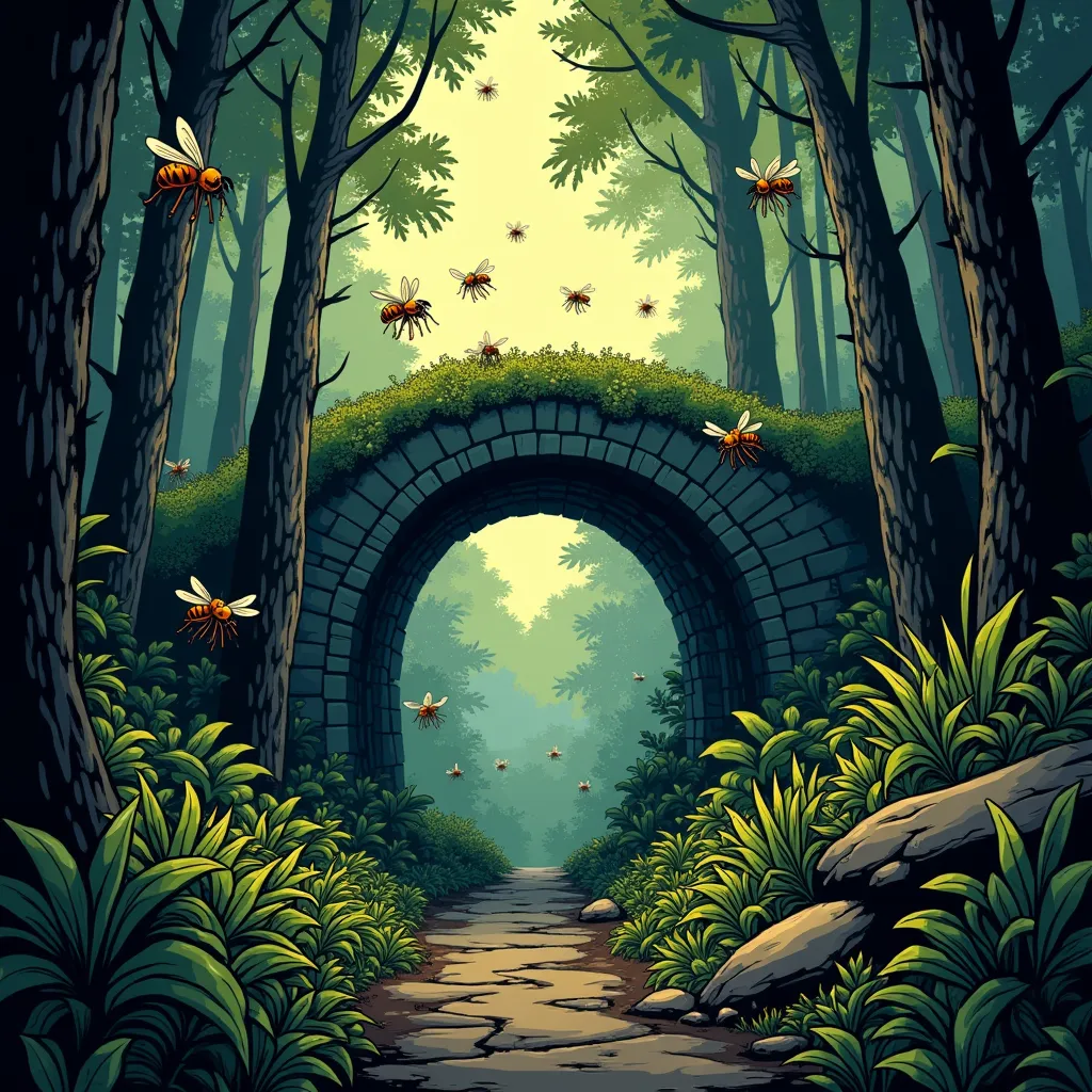 in a dense and dark forest, many giant and deadly Bees flying around. In the background a bridge made of spider tiles.
 " In comic book style

