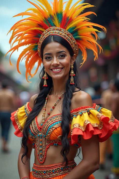 full body shot of Colombia carnival female, wearing Colombia traditional carnival costume, smile, watching straight at the camera, photorealistic, 8k, HD