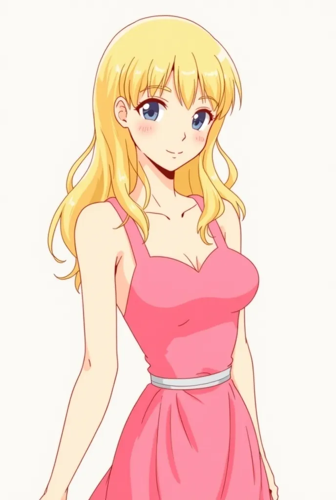 Peut tu dessiné en couleur de manière manga dans le style de my dress up darling ou oshi no ko une femme de 20 ans qui a des cheveux blonds, lâchés et légèrement ondulés, ils sont couper a hauteur de clavicules
Au yeux bleu/gris
Habillé avec un robe rose