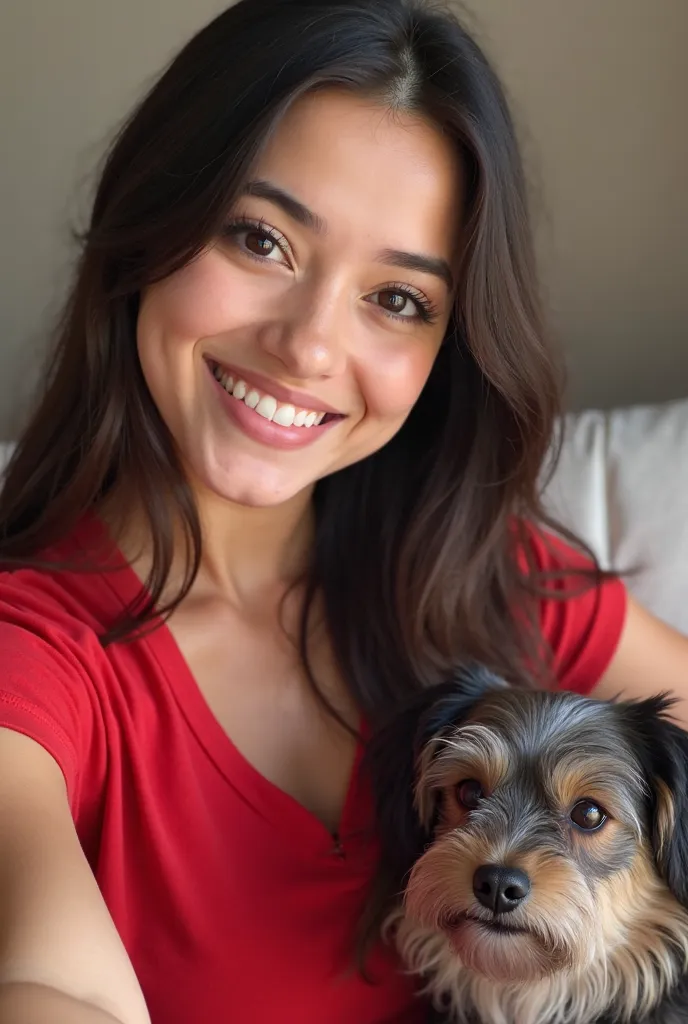 smiling woman in a red shirt sitting on a couch with a dog,   a picture of Amelia Peláez  , reddit, cards, Alanis Guilherme, profile image, Lorena Avarez,  profile portrait photo ,  young woman with long dark hair ,  beautiful and smiling, long hair and re...