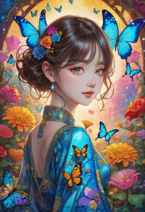 Tarot Cards, beautiful, a girl reading Tarot Cards,smiling girl with no visible hips,beautiful細部,Detailed Lips,Tarot Cards,Ancient Tarot Decks,illustrated Tarot Cards,Vivid Colors,Mysterious Atmosphere, Magic Gardens ,flower blooms,Light,blue sky,soft glow...