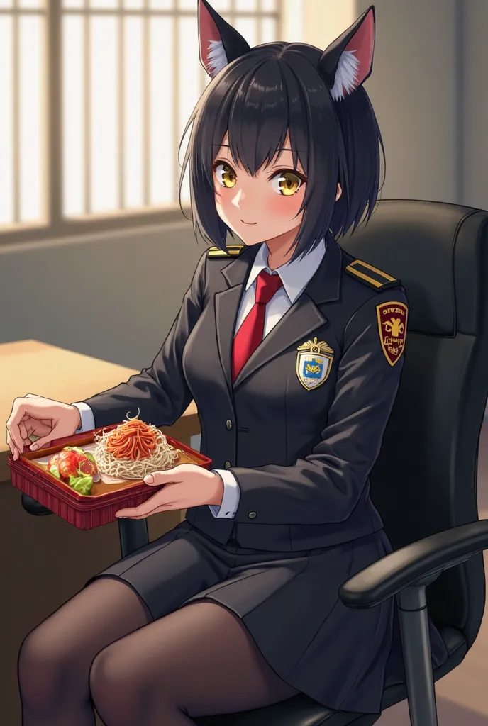 Adult prison director women, black short hair, yellow and blue eye color, her smile, black begal hound ears, black begal hound ears, black officer suit with badge on chest and white officer shirt and red tie inside, black A-Line skirt, black tights, She si...