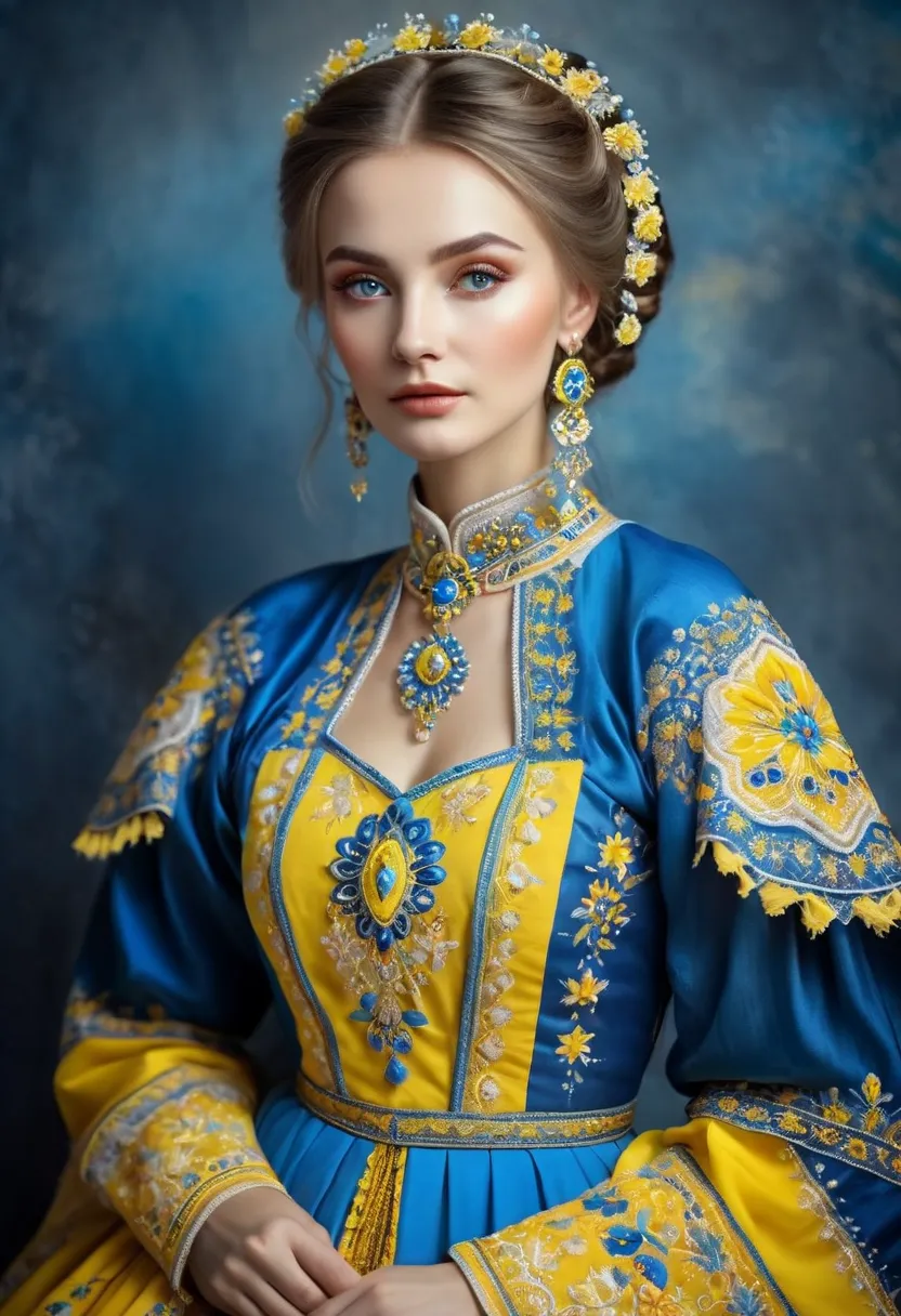 A Ukrainian woman, who wears a traditional folk dress, yellow-blue, with exquisite embroidery and hairstyle, decorated with beautiful decorations, radiates gentle light.  Radiation of flicker and stars, light and shadows are intertwined. The image should d...