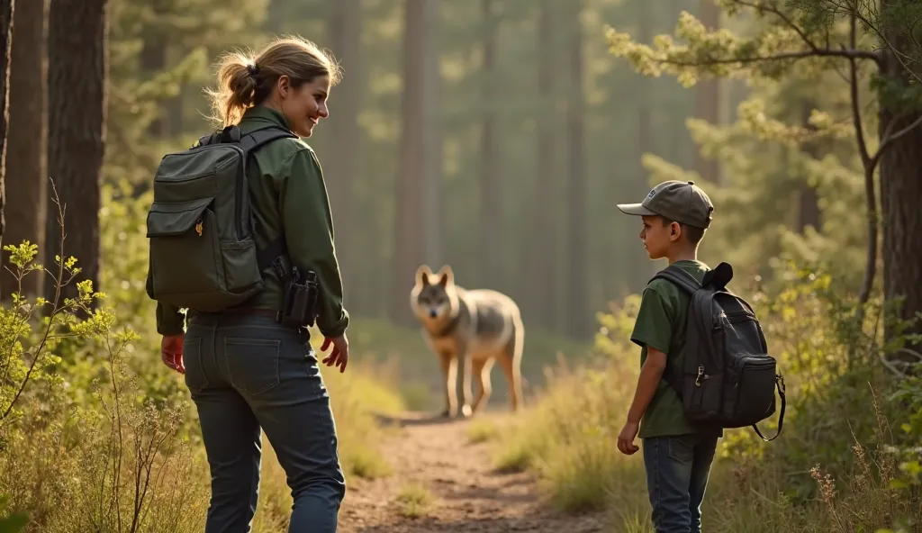 Shot Type: Medium shot with dynamic, flowing composition.
Character Details: Dr. Hayes—a compassionate, middle-aged female wildlife officer in professional outdoor attire—and a young boy look toward a wolf as it quietly retreats into the woods
Setting: The...