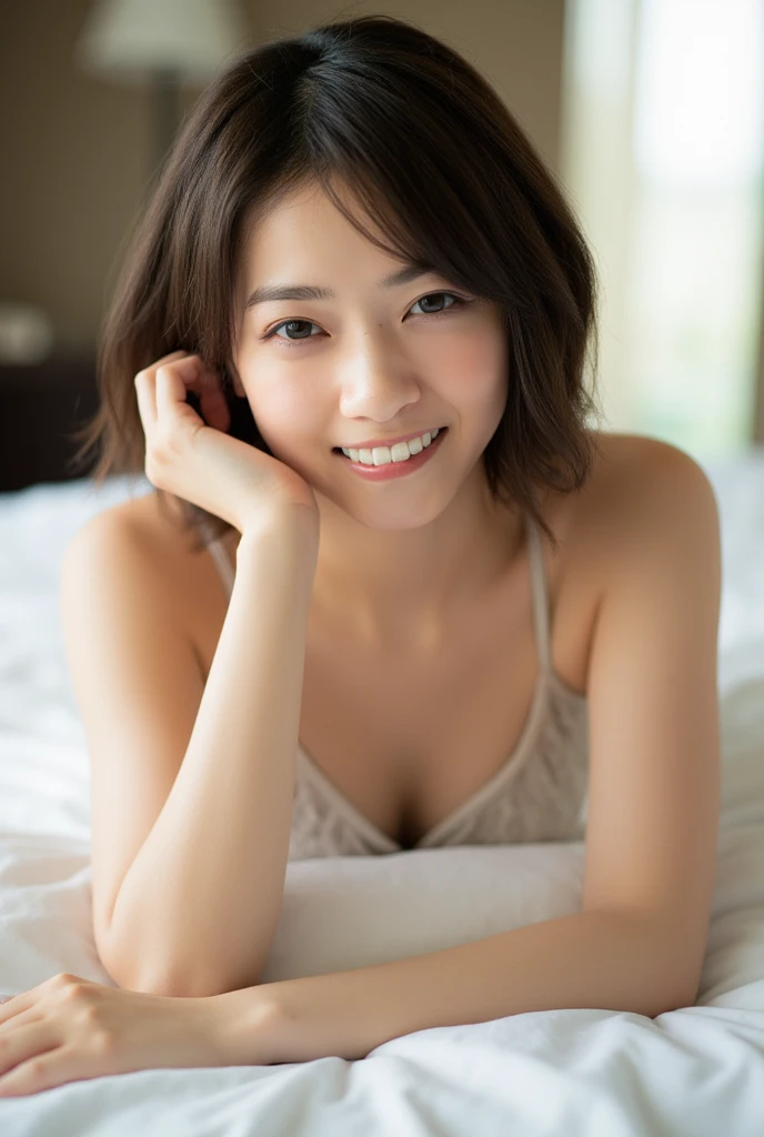 (Masterpiece, Best quality:1.4), (Ultra realistic, Photo-realistic:1.3), nsfw, (nude), topless, (nipples peek:1.5), (medium breasts), Natural light, 26 years old actor, Japanese woman, Neat and clean, (Short wavy hair:1.1), (Beautiful face), Oval face, cle...