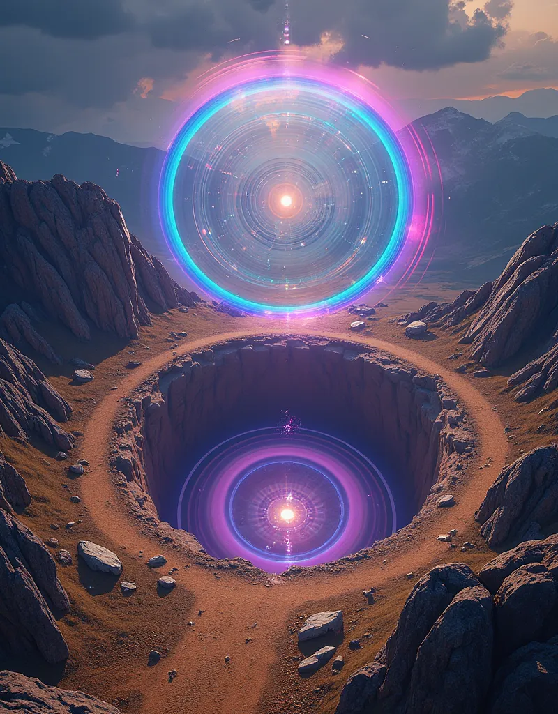 The circle swirls around over a hole in a desolate land,
Spectrum art of a Glowing Portal is turning inside hole.
That's like the kaleidoscope's pattern of shape.
Mysterious expanding sight.
Looked down from the high mountain cliff angle.