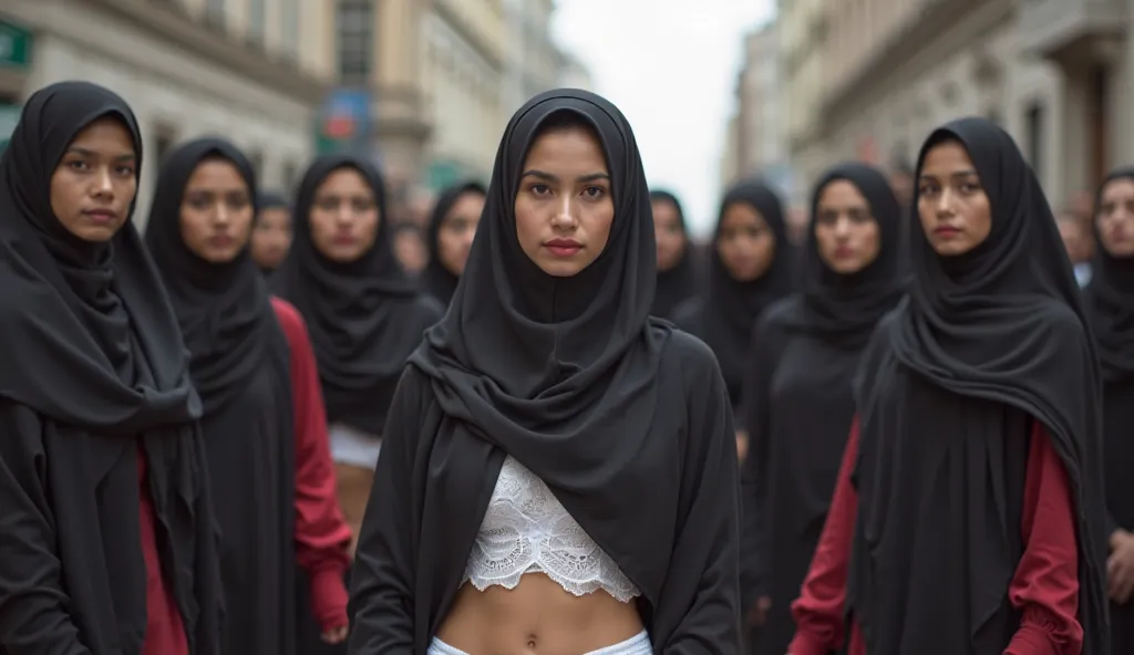 12 Muslim girls , 20 years old, There is a black turban ., Standing in the middle of a city street full of women, Are wearing white lace underwear, Some people are wearing red underwear., big boobs, everyone turns to the camera.,Wide angle.   See every bod...