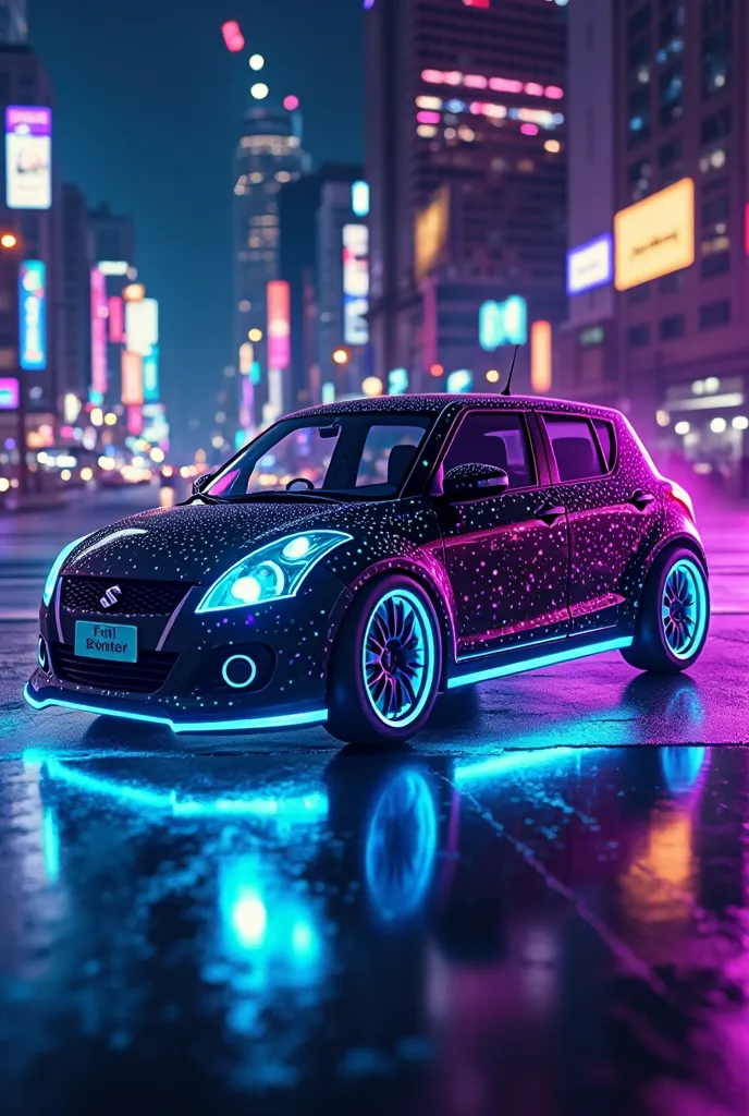 Cyberpunk Suzuki Swift，Dimming Black Body Strap Neon Blue Purple Dots，Low-Rise，LED Taillight，Future-Feel Wide Set，Transparent Luminous Tail Wings，18" Chrome Wheel Band Neon，Anti-Utopian City Background， High detail，Movie Sensing Light