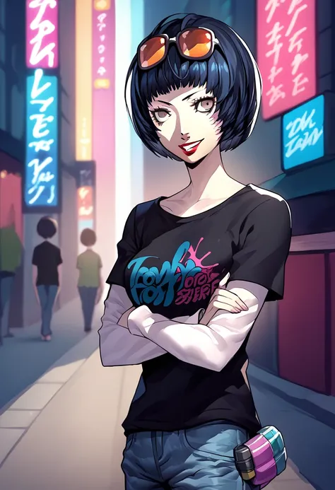 score_9, score_8_up, score_7_up, source_anime, 1girl, cowboy shot, looking at viewer, crossed arms, grin, takemiP5, short hair, bob cut, dark blue hair, grey eyes, sunglasses on head, lipstick, black t-shirt, clothes writing, layered sleeves, medium breast...