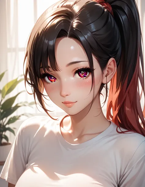 masterpiece, high resolution, best quality, super detailed, ultra high resolution, blush, seductive, (1girl) ponytail, red hair, long hair, beautiful detailed eyes, brown eyes, black hair, (cute eyes), 30 years old, beautiful woman, free t-shirt