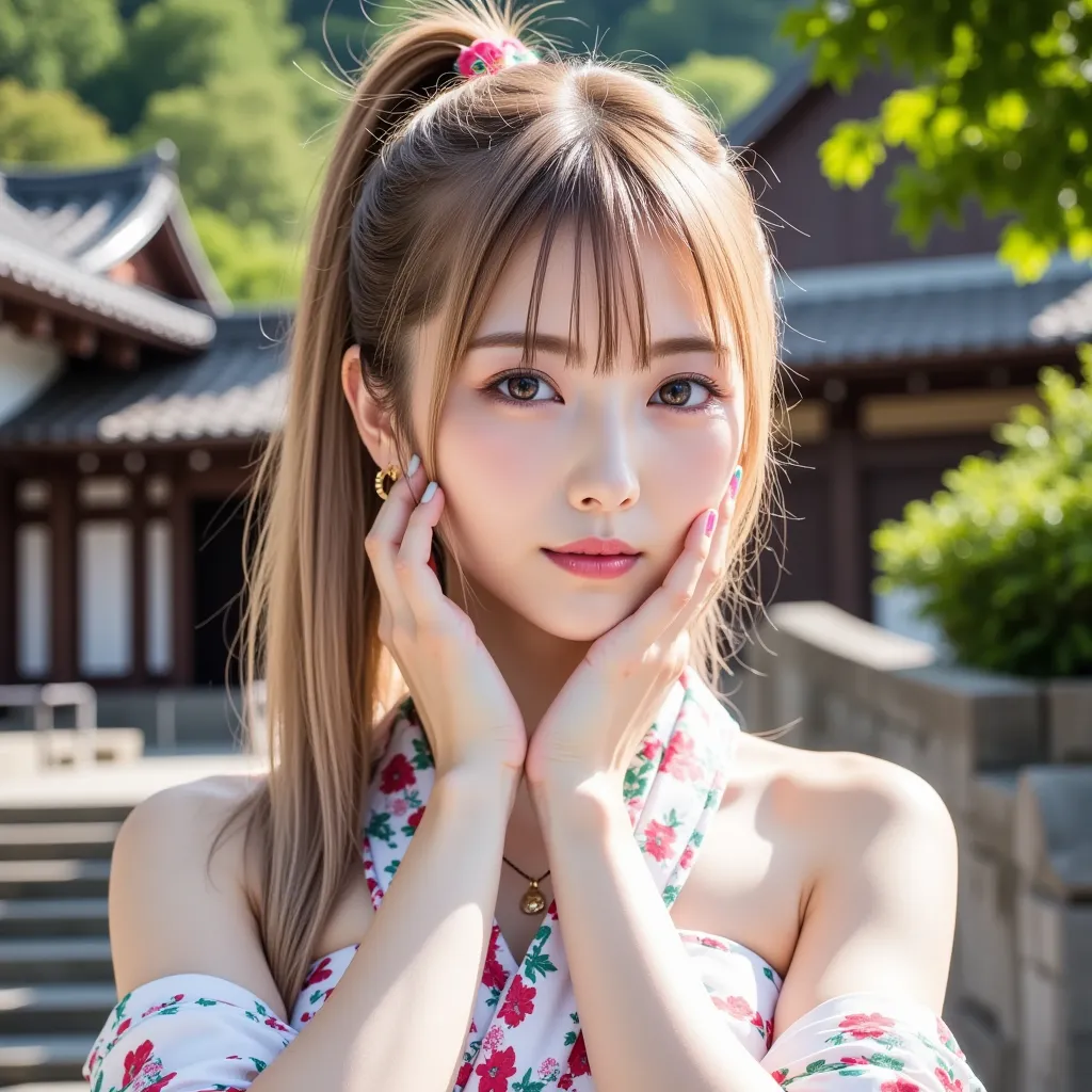 ((8K wallpaper)),((blond hair)),((braided ponytail)),((big breasts,Big Breasts)),(( beautiful Japanese girl)),((Shrine Background)),((colorful manicure for nails)),((earrings, necklaces)),smiles, ribbons, ((She is wearing a kimono and a thin robe with a fl...