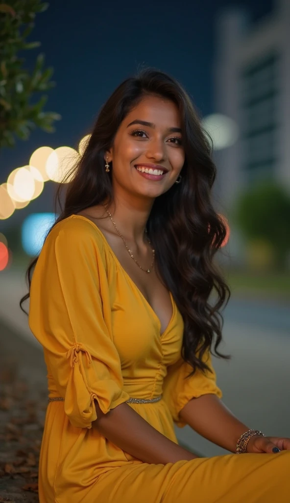 a close up of a woman sitting on a ledge in a yellow dress, with lovely look, beautiful and smiling, shot on sony a 7 iii, photoshoot, candid picture, shot on sony a 7, with a seductive smile, at night time, with a beautifull smile, 60mm portrait, assamese...