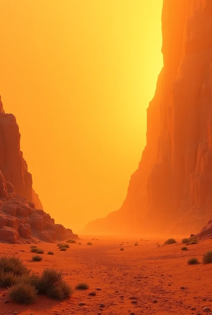 A deserted landscape with an orange tint and a solid rock wall in the distance