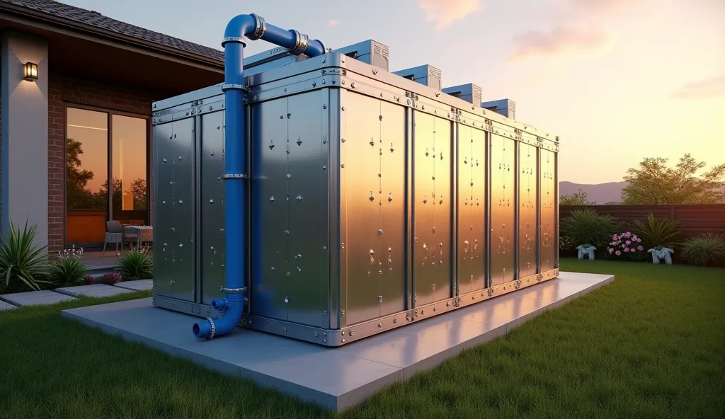 A large rectangular modular water tank securely placed on a reinforced concrete platform in the backyard of a modern house. The galvanized steel panels feature raised geometric reinforcements and are bolted together with industrial-grade fasteners for maxi...